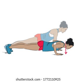 young woman doing chest exercise - classic push up - colour vector series