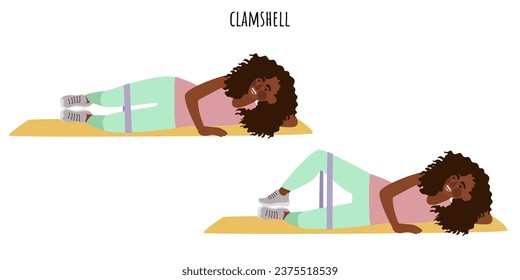 Young woman doing clamshell exercise. Feminism, self acceptance and liberty. Active lifestyle. Sport, wellness, workout, fitness. Flat vector illustration