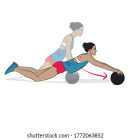 young woman doing core exercise - medcine ball kneeling plank roll outs - colour vector series