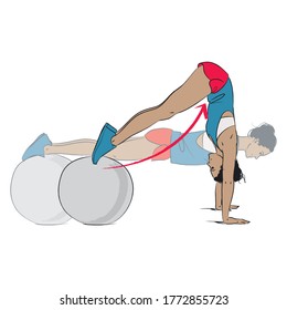 young woman doing core exercise - swiss ball plank to pike - colour vector series