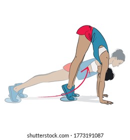 young woman doing core exercise - plank to pike with feet on gliders - colour vector series