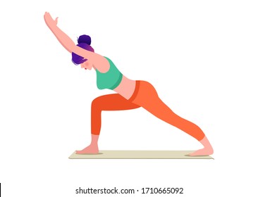 Young woman doing Crescent Pose / High Lunge / Anjaneyasana yoga pose. Vector Illustration, isolated on white background.