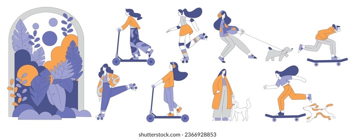 Young Woman Doing Different Activity Walking and Spending Weekend Vector Set