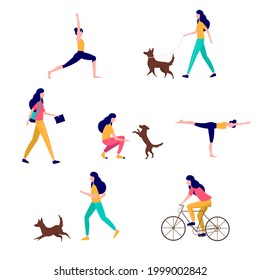 Young woman doing different outdoor activities: running, doing yoga, cycling, walking the dog, traveling. Vector illustration in flat style. Active and healthy lifestyle concept.