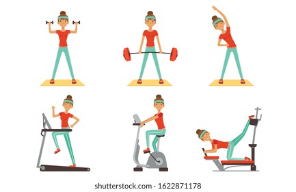 Young Woman Doing Different Sport Exercises Collection, Sportive Girl Character Working Out in Ftness Club or Gym Vector Illustration