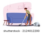 Young Woman Doing Domestic Work, Cleaning Floor Carpet under Sofa with Vacuum Cleaner. Household Vacuuming Home Activity, Girl Washing Living Room, Routine, Weekend Chores. Cartoon Vector Illustration