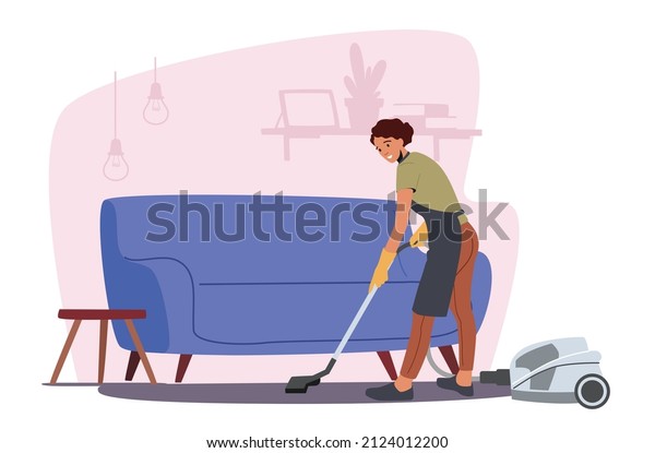 Young Woman Doing Domestic Work, Cleaning\
Floor Carpet under Sofa with Vacuum Cleaner. Household Vacuuming\
Home Activity, Girl Washing Living Room, Routine, Weekend Chores.\
Cartoon Vector\
Illustration