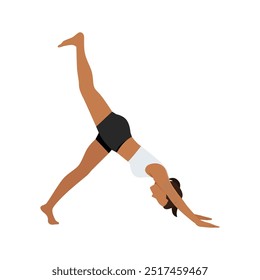 Young woman doing Downward Facing Dog Split Pose, Down Dog Split, Eka Pada Adho Mukha Svanasana. Flat vector illustration isolated on white background