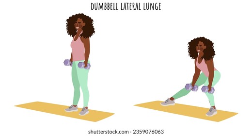 Young woman doing dumbbell lateral lunge exercise. Feminism, self acceptance and liberty. Active lifestyle. Sport, wellness, workout, fitness. Flat vector illustration