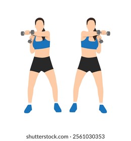 Young woman doing dumbbell punching exercise. Flat vector illustration isolated on white background