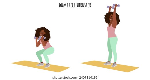 Young woman doing dumbbell thruster exercise. Feminism, self acceptance and liberty. Active lifestyle. Sport, wellness, workout, fitness. Flat vector illustration