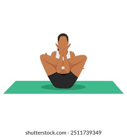 Young woman doing Embryo Pose, Foetus Fetus Pose or Garbhasana, Garbha Pindasana yoga exercise. Flat vector illustration isolated on white background