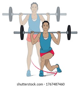 young woman doing exercise - barbell curtsy lunge  - vector series