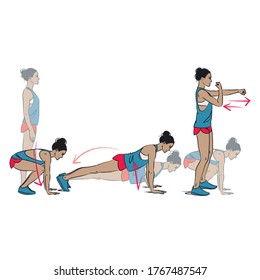 young woman doing exercise - burpee variation with push up and punch - vector series