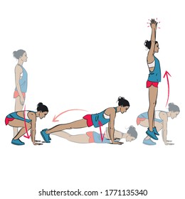 Young Woman Doing Exercise - Burpee Variation With Push Up, Jump And Clap - Vector Series