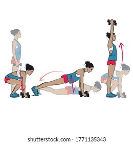 young woman doing exercise - burpee with dumbbell weights - vector series
