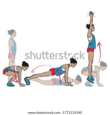 young woman doing exercise - burpee variation with push up, jump and clap - vector series