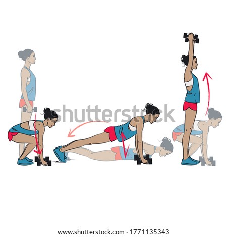 young woman doing exercise - burpee with dumbbell weights - vector series