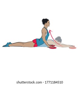 young woman doing exercise - cobra push back with straight arms using gliders, lower back extension - colour vector series