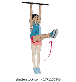 Young Woman Doing Exercise - Double Leg Raise Extension Hanging From Pull Up Bar - Colour Vector Series