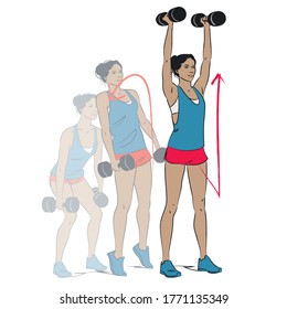 young woman doing exercise - dumbbell squat clean and press - colour vector series