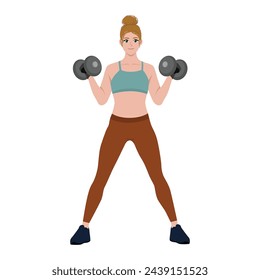 Young woman is doing exercise with dumbbell. Flat Vector Illustration Isolated on White Background