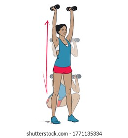 Young Woman Doing Exercise - Dumbell Squat And Overhead Shoulder Press - Vector Series