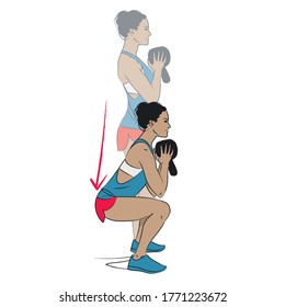 Young Woman Doing Exercise - Goblet Squat With Kettlebell Held Upside Down - Colour Vector Series