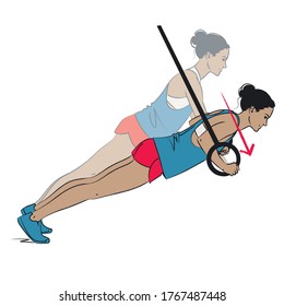 young woman doing exercise - gym rings push up - vector series