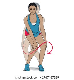 young woman doing exercise - half squat resistance knee circles figure 8 - vector series