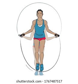 young woman doing exercise - HIIT training skipping jump rope  - vector series