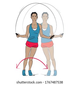 young woman doing exercise - HIIT skipping jump rope skiers side to sides - vector series