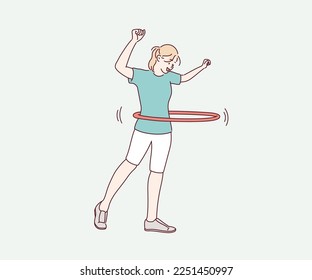 Una joven haciendo ejercicio con un hula-hoop. Mujer en ejercicio. Ilustraciones de diseño vectorial de estilo dibujado a mano.