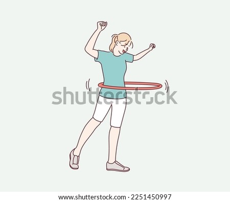 A young woman doing exercise with a hula-hoop. Fitness woman. Hand drawn style vector design illustrations.