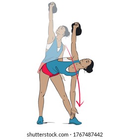 young woman doing exercise - kettlebell windmill hand to ground - vector series