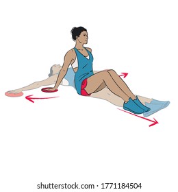 young woman doing exercise - Lying T arms to V-sit knee to chest with gliders  - colour vector series
