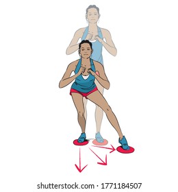 young woman doing exercise - multi direction clock lunge squat with feet on gliders - colour vector series