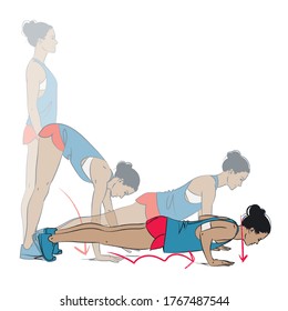 young woman doing exercise - plank walk outs with push up - vector series