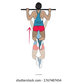 young woman doing exercise - pull ups/chin ups - vector series