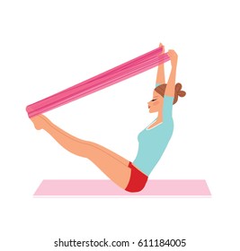 Young woman doing exercise with the resistance band. Vector illustration svg
