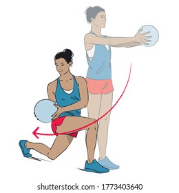 Young Woman Doing Exercise - Reverse Lunge With Torso Twist Holding Medicine Ball - Colour Vector Series