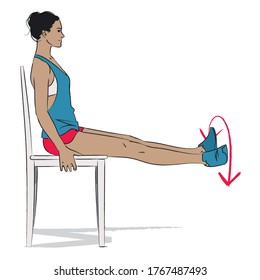 young woman doing exercise - seated extended leg ankle injury rotation flexes  - vector series