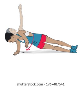 young woman doing exercise - side elbow plank thread the needle mermaids - vector series