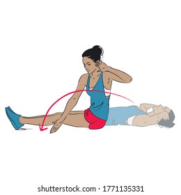 young woman doing exercise - sit up with twist and reach, crunches variation - colour vector series