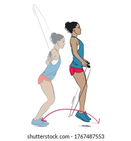mujer joven haciendo ejercicio - saltando la cuerda de salto adelante y atrás - serie vectorial