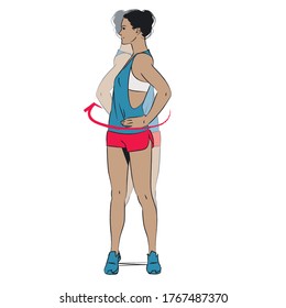 young woman doing exercise - standing torso twist - vector series