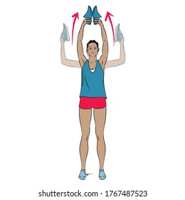 young woman doing exercise - standing shoulder press holding running trainers - vector series