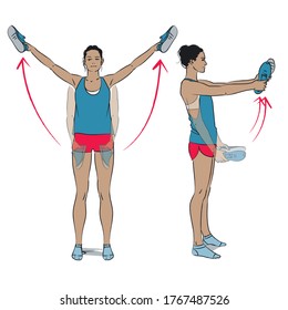 young woman doing exercise - standing front and lateral arm raises holding running trainers - vector series