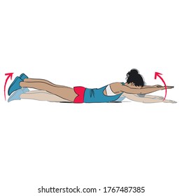 young woman doing exercise - superman - vector series