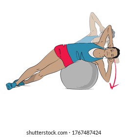 young woman doing exercise - Swiss ball side crunches  - vector series